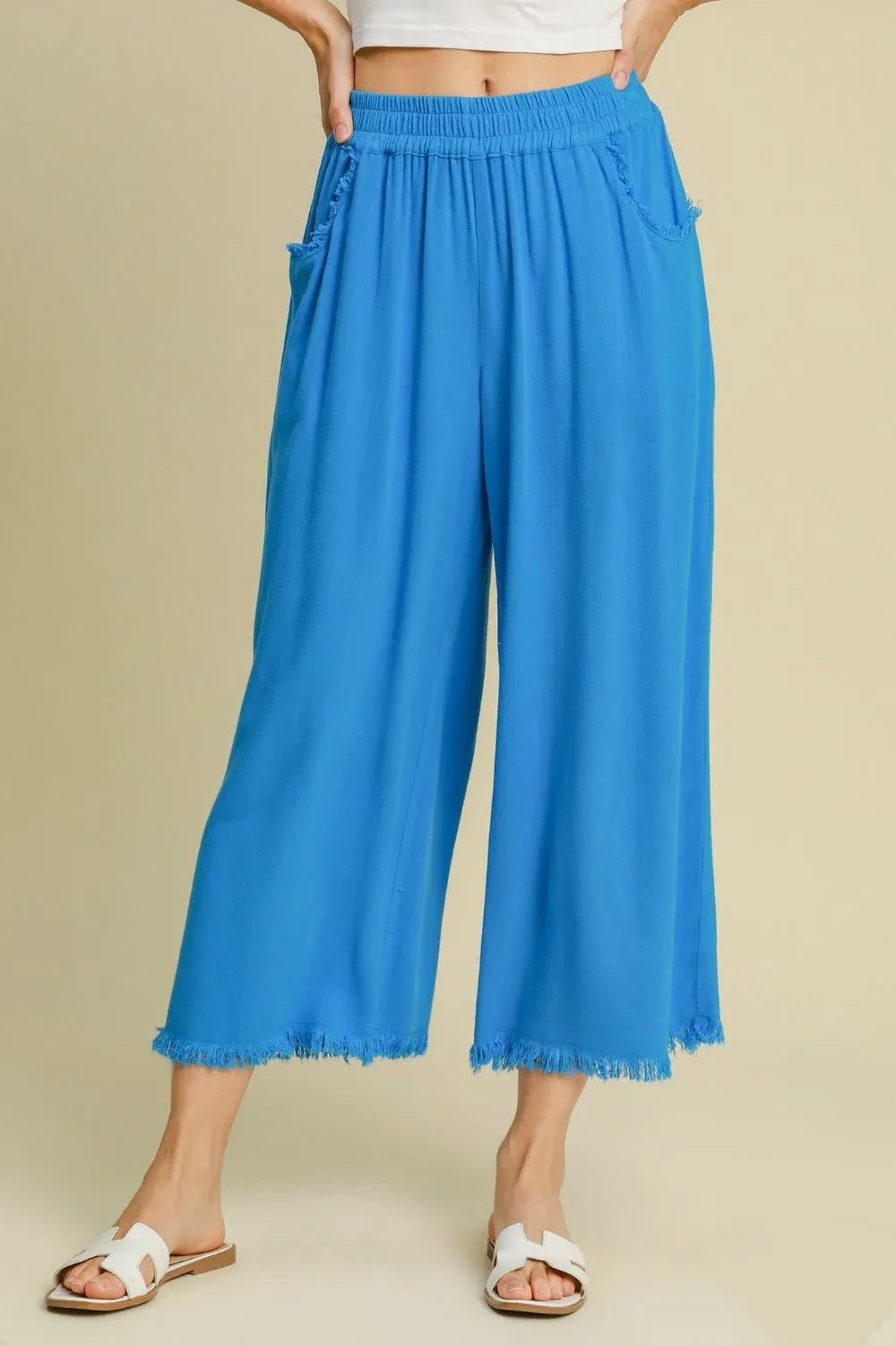 Umgee Full Size Linen Blend Elastic Waistband Wide Leg Pants Plus Size Sky Blue