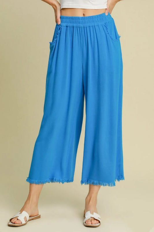 Umgee Full Size Linen Blend Elastic Waistband Wide Leg Pants Plus Size Sky Blue