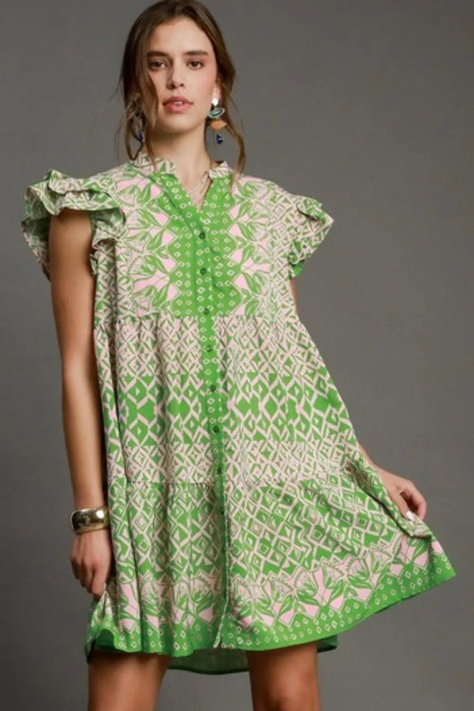 Umgee Full Size Mixed Print Mini Dress Plus Size Green
