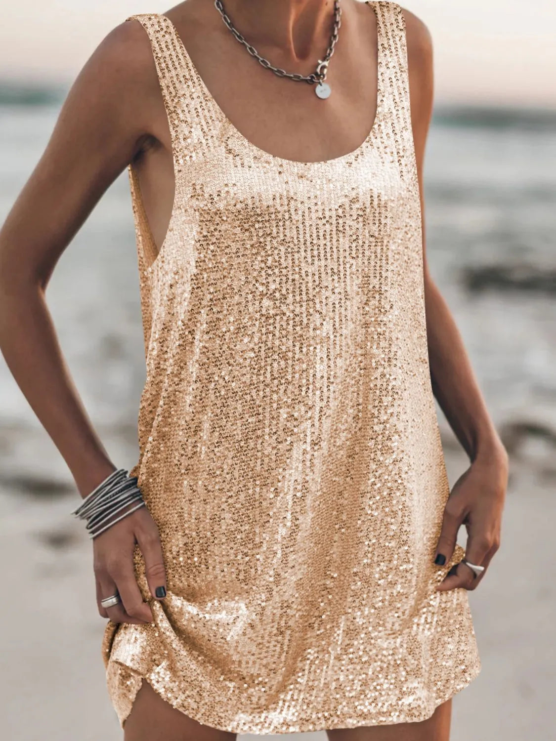 Sequin Scoop Neck Mini Dress Gold