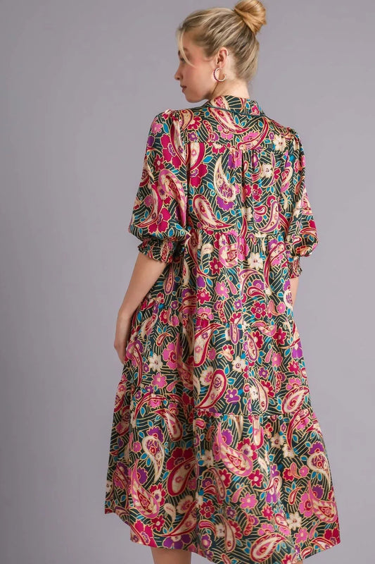 Umgee Full Size Paisley Print Satin Tiered Midi Dress Plus Size