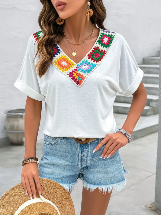 Contrast V-Neck Short Sleeve Top White
