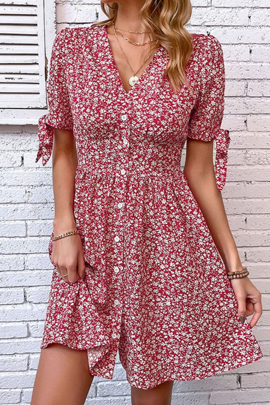 Perfee Ditsy Floral Tied Puff Sleeve Button Front Dress Deep Red