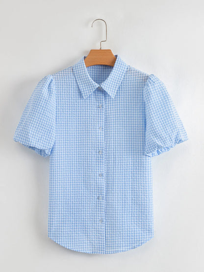 Gingham Print Puff Sleeve Button-Up Shirt