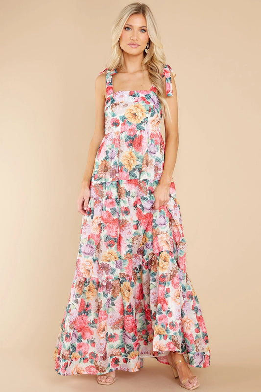 Floral Square Neck Wide Strap Maxi Dress Multicolor