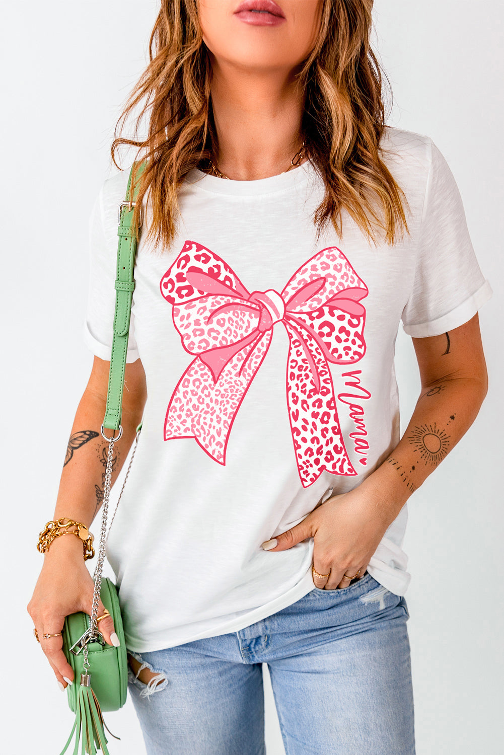 Bow Graphic Round Neck Short Sleeve T-Shirt White