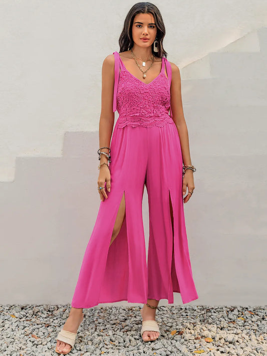 V-Neck Wide Strap Slit Jumpsuit Hot Pink