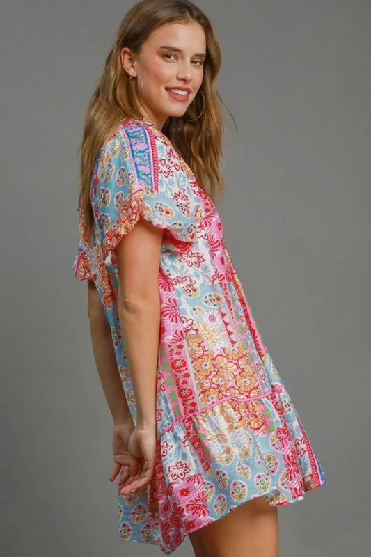 Umgee Full Size Smocked Floral Puff Sleeve Mini Dress Plus Size