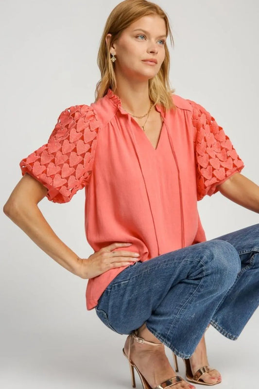 Umgee Full Size Heart Lace Sleeve Ruffle Collar Top Plus Size Burnt Coral
