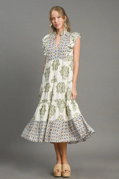 Umgee Full Size Mixed Print Ruffle Cap Sleeve Midi Dress Plus Size OLIVEMIX