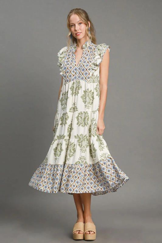 Umgee Full Size Mixed Print Ruffle Cap Sleeve Midi Dress Plus Size OLIVEMIX