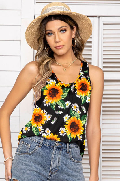 Floral Scoop Neck Tank Top Black