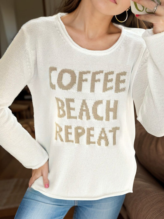 Letter Graphic Round Neck Long Sleeve Sweater White