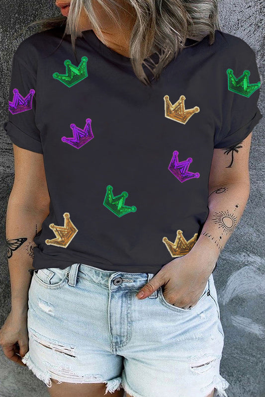 Plus Size Sequin Crown Print Round Neck T-Shirt Black