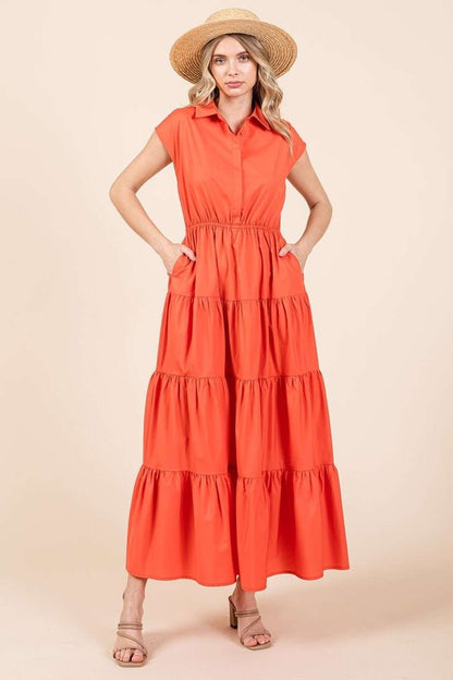Mittoshop Button Up Collared Tiered Maxi Shirt Dress Orange