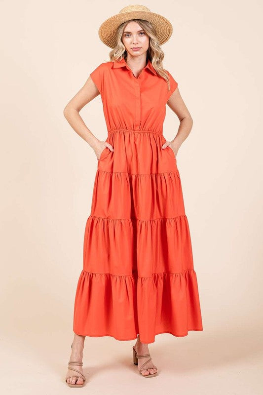 Mittoshop Button Up Collared Tiered Maxi Shirt Dress Orange