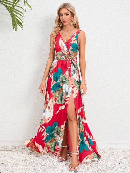 Slit Tied Printed Surplice Dress Red