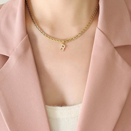 Brass Inlaid Zircon Letter Pendant Necklace Style R One Size