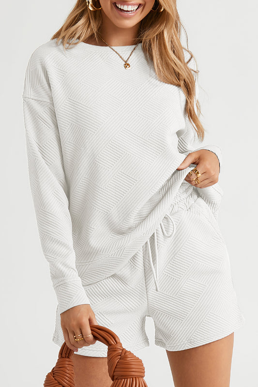 Round Neck Dropped Shoulder Top and Shorts Set White