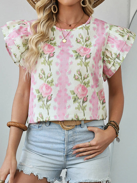 Floral Print Ruffled Sleeve Blouse Blush Pink