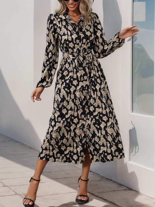 Perfee Printed Long Sleeve Midi Dress Black