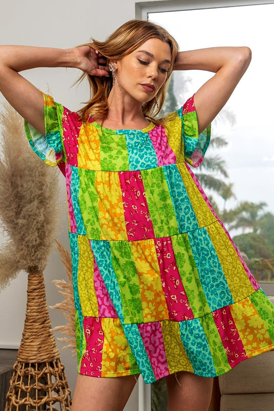 BiBi Leopard Short Sleeve Tiered Dress Fuchsia Neon Green