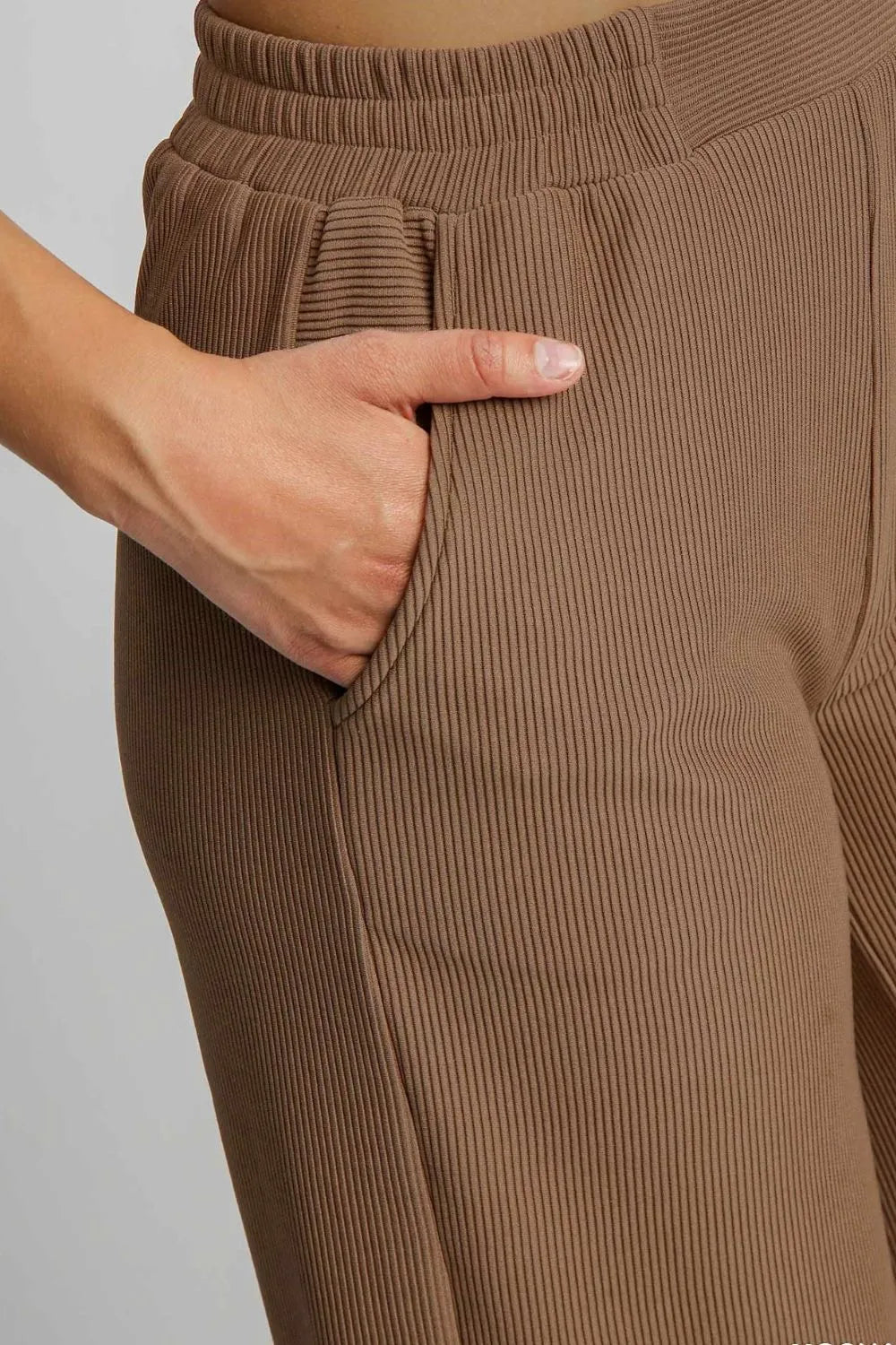 Umgee Full Size Ribbed Knit Elastic Waistband Wide Leg Pants Plus Size
