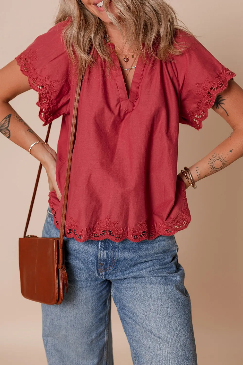 Floral Embroidered Scallop Trim Short Sleeve Notched Blouse Rust