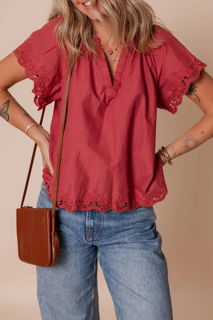 Floral Embroidered Scallop Trim Short Sleeve Notched Blouse Rust
