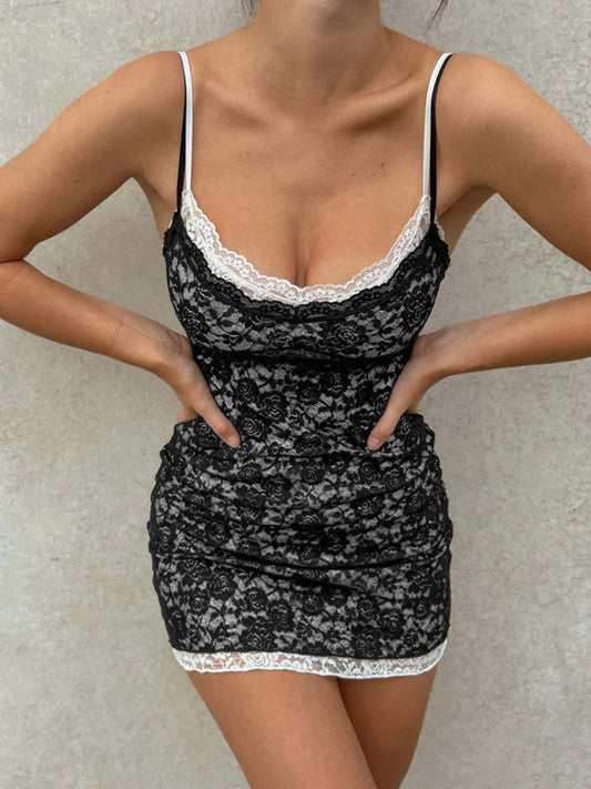 Lace Trim Cami Mini Dress Black