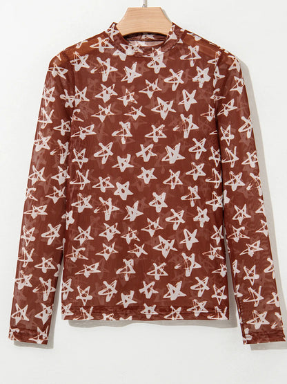 Star Print Long Sleeve Mock Neck Top
