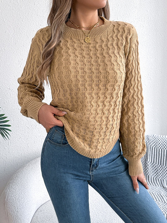 Asymmetric Hem Round Neck Long Sleeve Sweater Camel