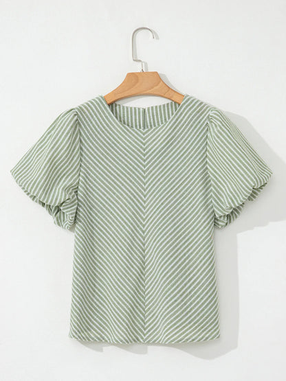 Stripe Textured Round Neck Short Puff Sleeve Blouse