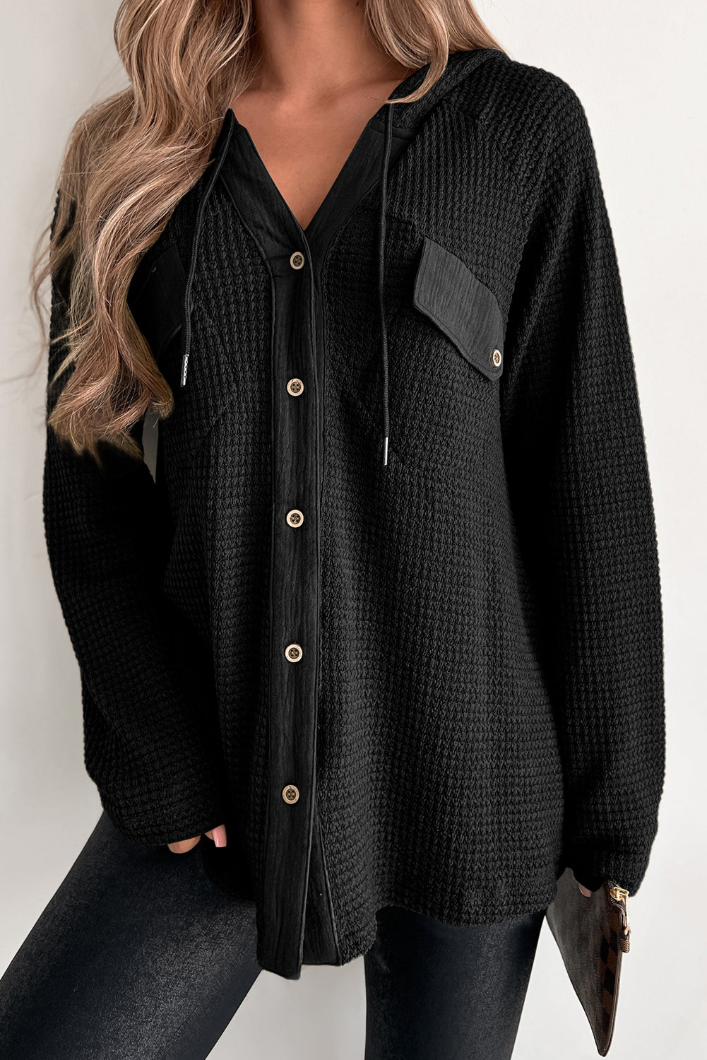 Waffle-Knit Button Up Drawstring Hoodie Black