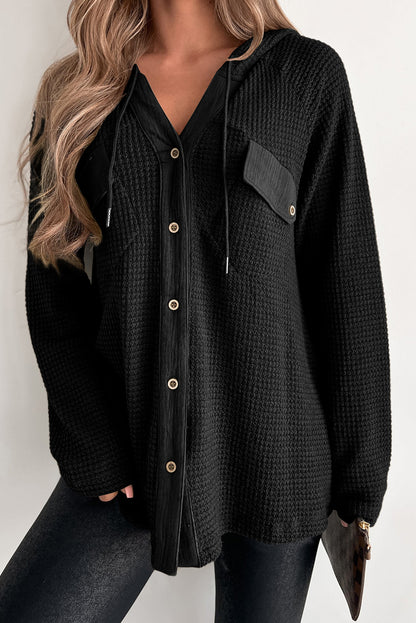 Waffle-Knit Button Up Drawstring Hoodie Black