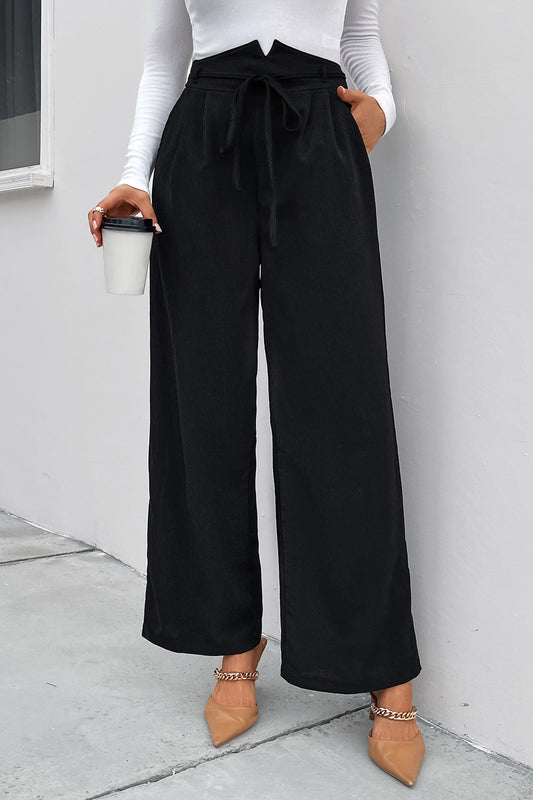 Perfee High Waist Ruched Tie Front Wide Leg Pants Black