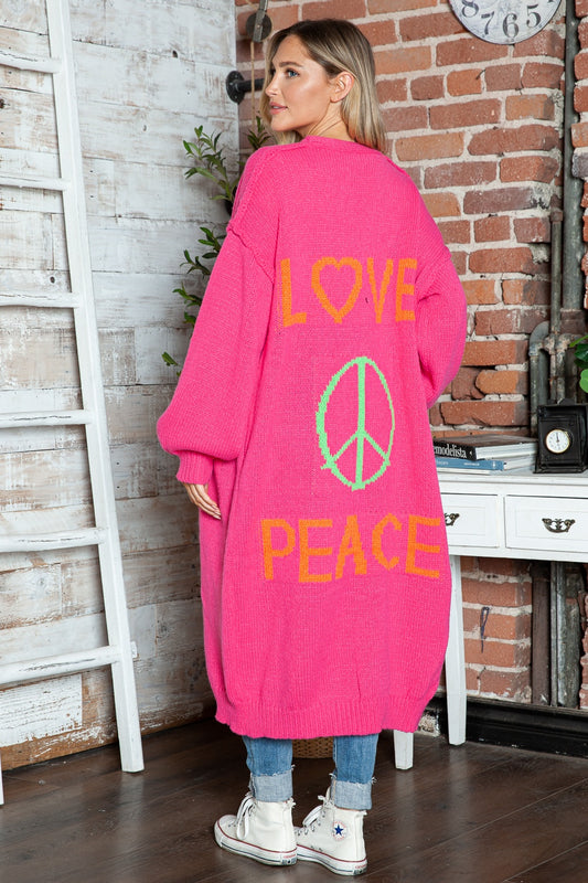 Letter Dropped Shoulder Long Sleeve Cardigan Deep Rose