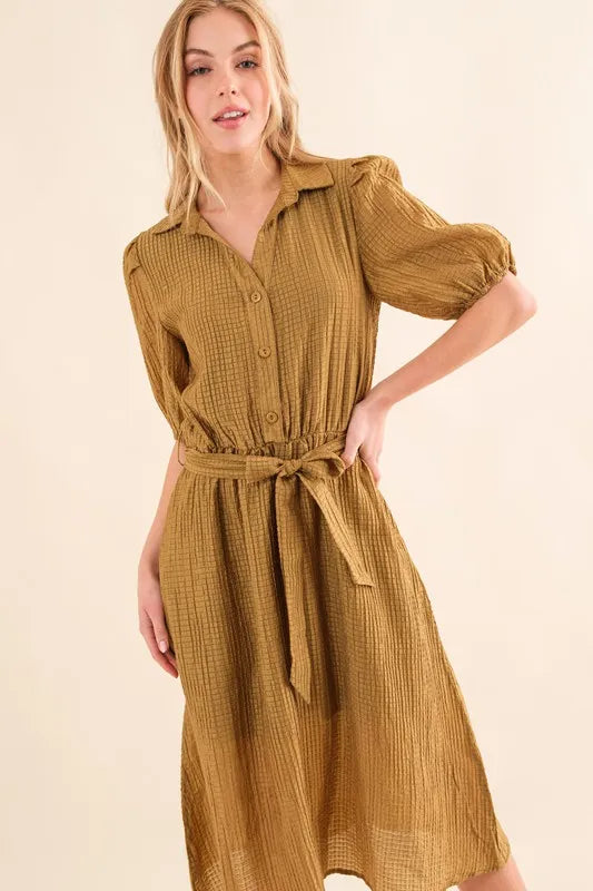 And The Why Waffle Textured Ribbon Waist Midi Dress