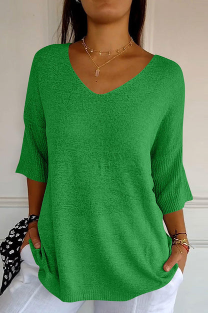 V-Neck Three-Quarter Sleeve Knit Top Dark Green One Size