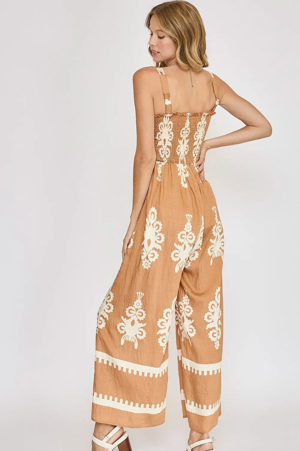 Umgee Full Size Smocked Printed Wide Leg Jumpsuit Plus Size