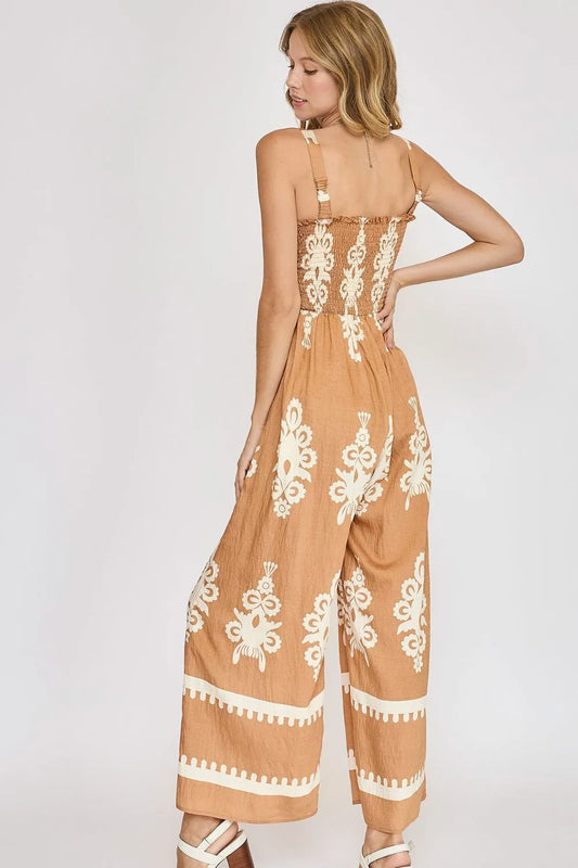 Umgee Full Size Smocked Printed Wide Leg Jumpsuit Plus Size