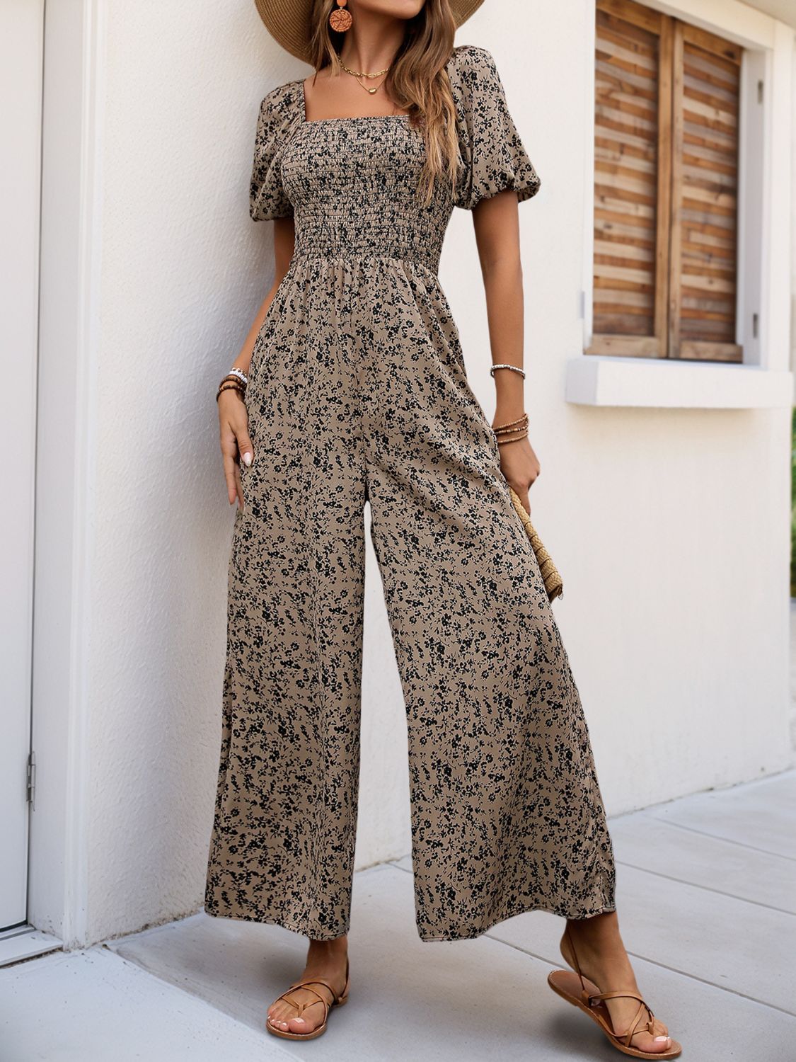 Perfee Smocked Printed Square Neck Puff Sleeve Jumpsuit Taupe