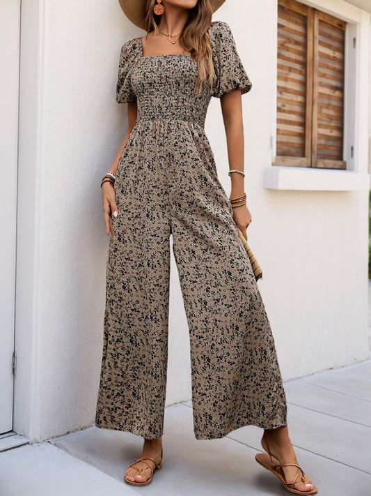 Perfee Smocked Printed Square Neck Puff Sleeve Jumpsuit Taupe