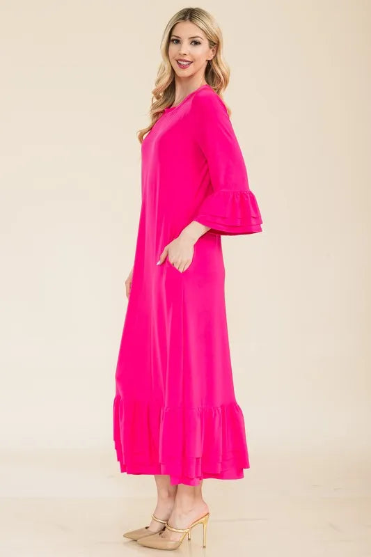 Celeste Full Size Modest Midi Dress with 3/4 Ruffle Bell Sleeves Plus Size