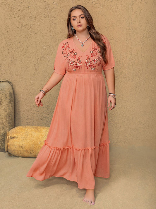 Plus Size Frill Embroidered V-Neck Half Sleeve Maxi Dress Coral