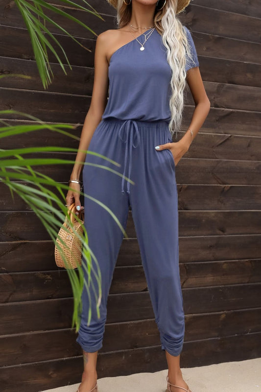 Drawstring Waist One-Shoulder Jumpsuit with Pockets Periwinkle