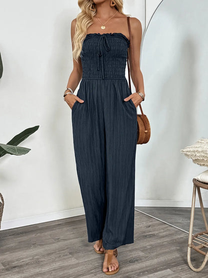Smocked Tube Wide Leg Jumpsuit Dark Blue