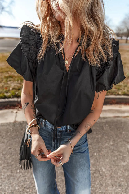 Ruffled Puff Short Sleeve Loose Blouse