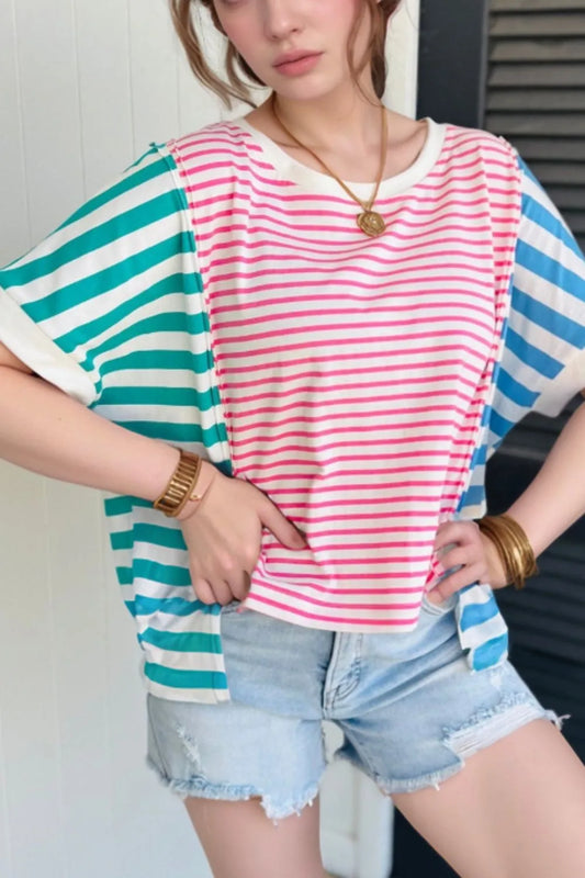 Color Block Striped Batwing Sleeve T-Shirt Pink