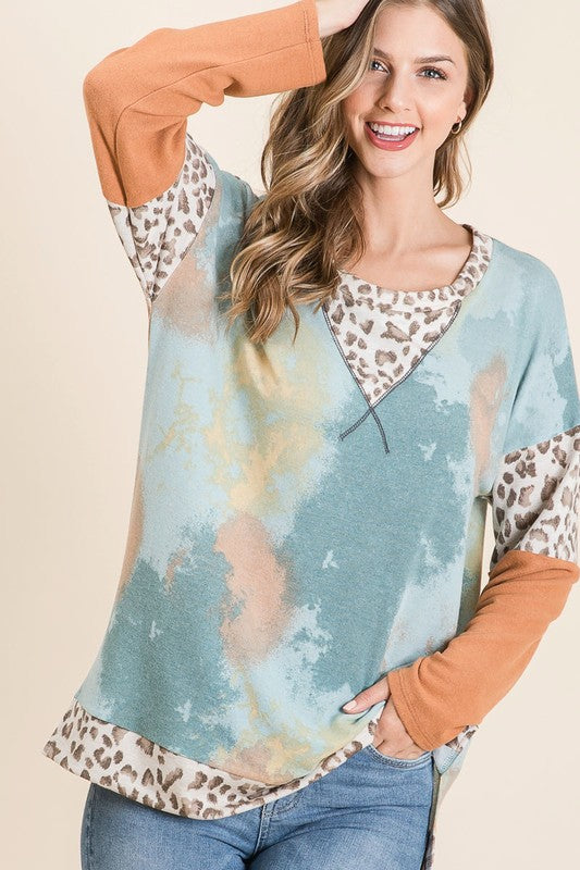 BiBi Tie-Dye Leopard Terry Round Neck Long Sleeve T-Shirt